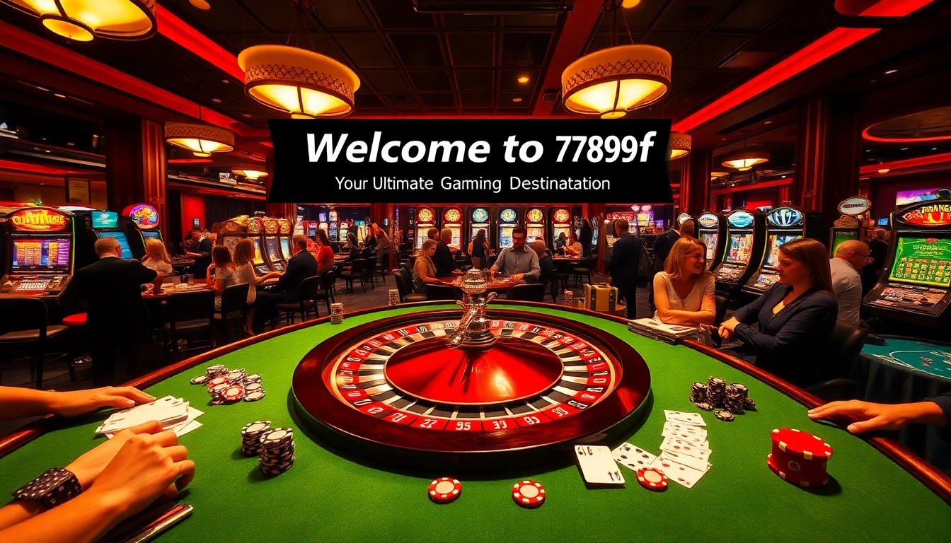 Experience the lively atmosphere of 789f casino, featuring a roulette wheel, players at poker tables, and vibrant slot machines.