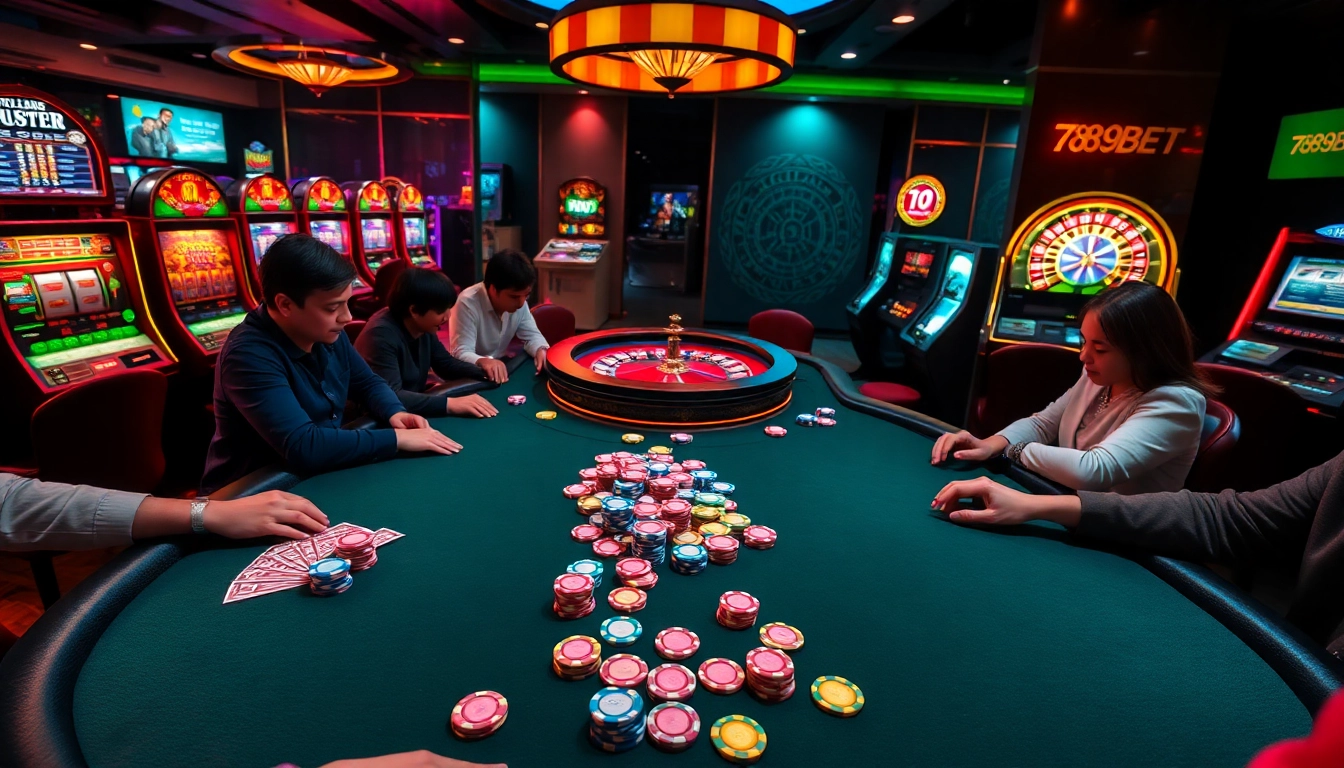 Experience the excitement of 789BET at the vibrant poker table with colorful chips and illuminated slot machines.