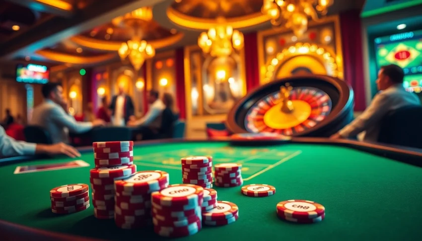 Engage in exciting casino action at cm88's blackjack table, featuring vibrant chips and a spinning roulette wheel.
