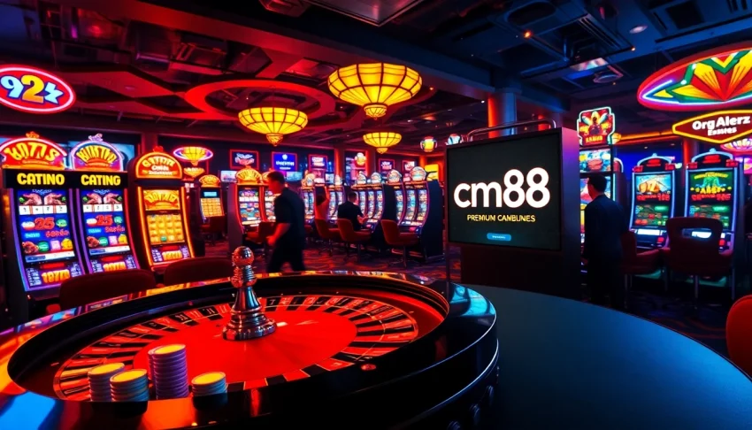 cm88 shines with vibrant casino activity, featuring slot machines, roulette tables, and celebrating players.