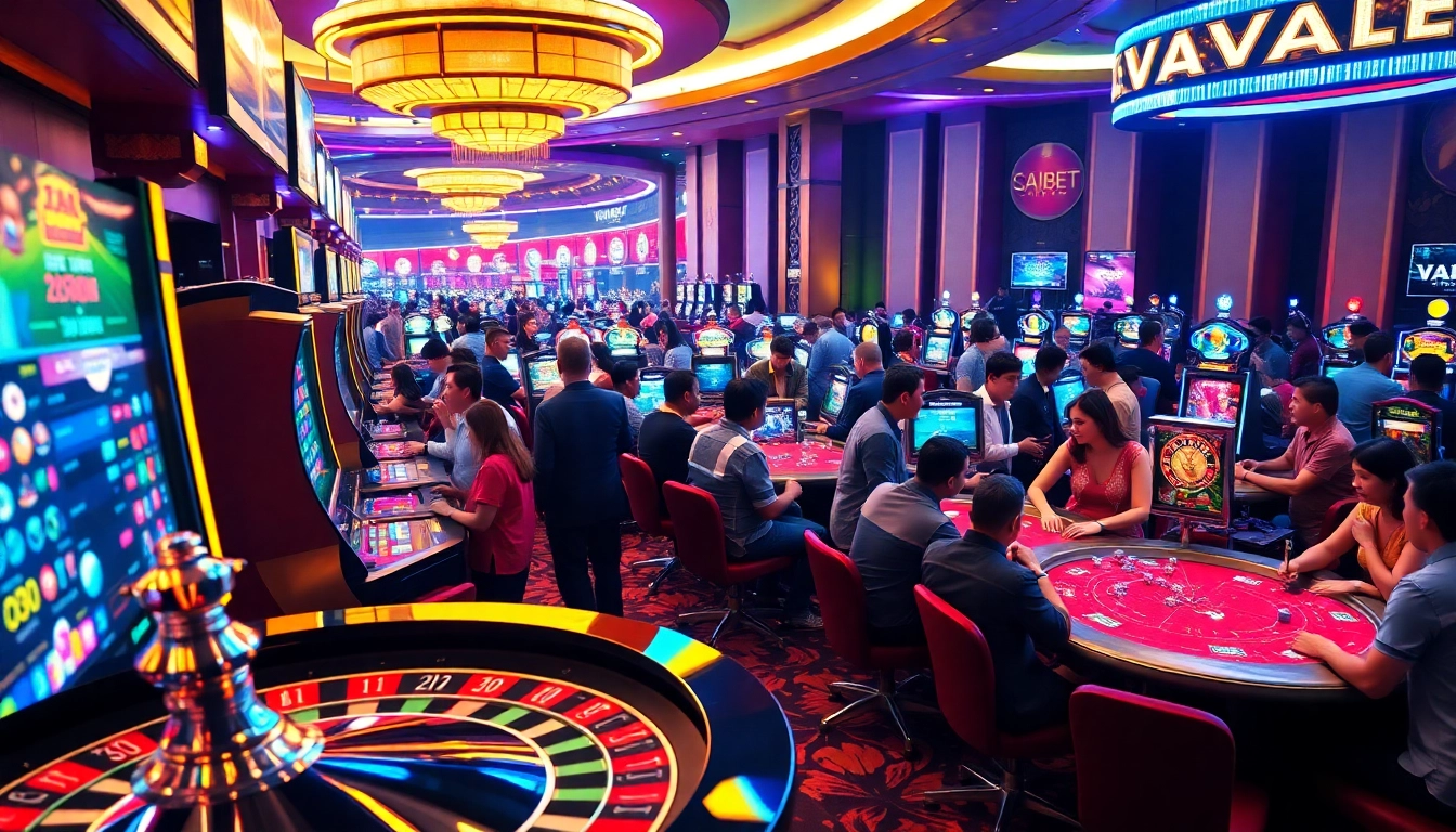 Engage in thrilling casino action at VAOBET with vibrant slot machines and poker games under neon lights.