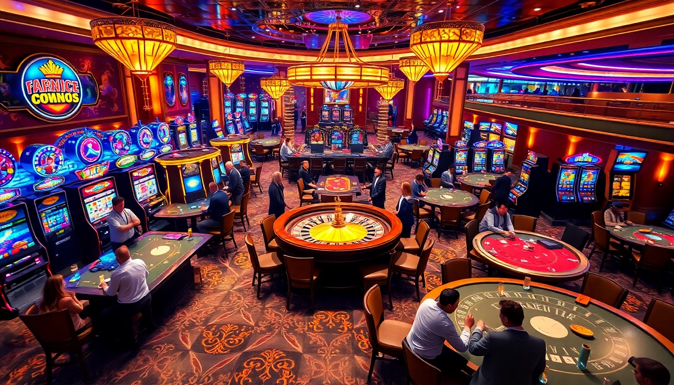 Experience the vibrant f168 casino atmosphere with players enjoying thrilling table games and slot machines.