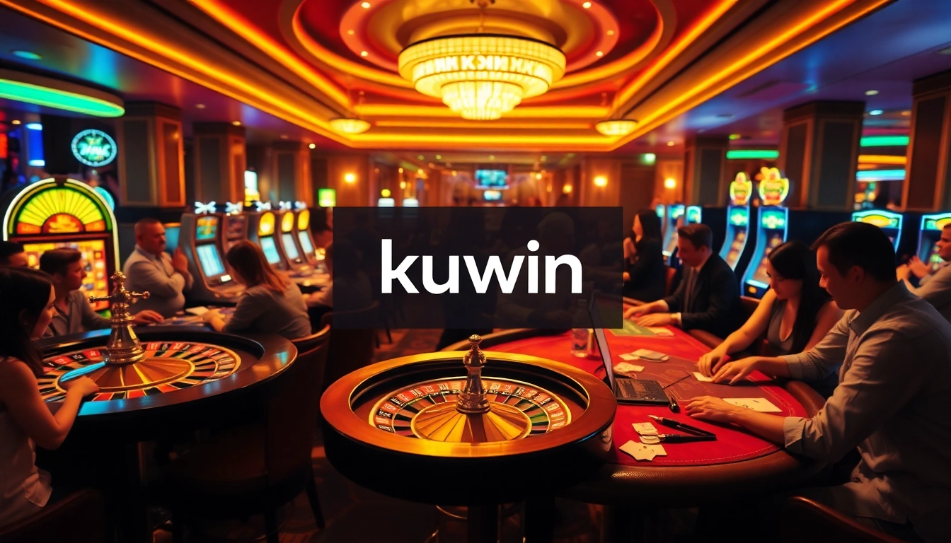 Kuwin casino atmosphere with players at roulette and poker tables, showcasing the thrill of gambling.