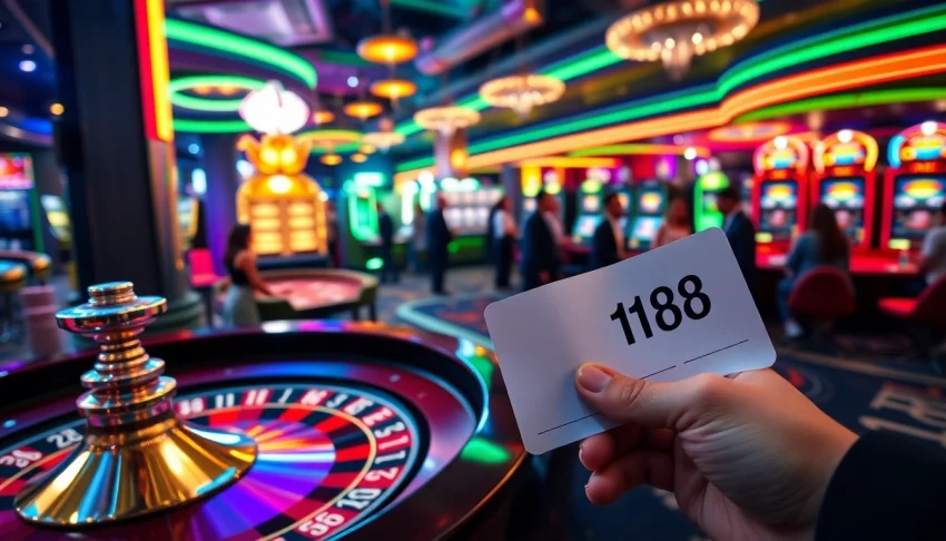C168 betting slip showcased amidst an exciting casino environment with roulette and poker action.