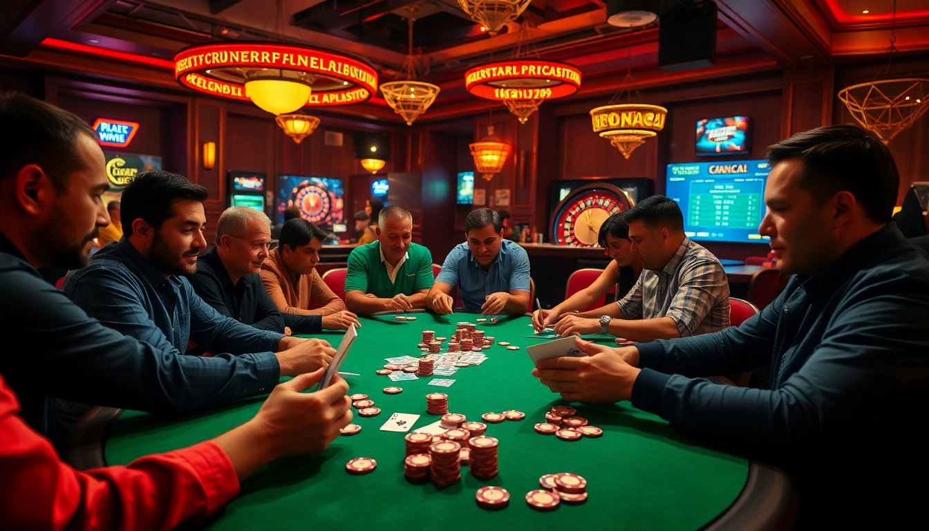 Players eagerly enjoying poker at a casino table as keonhacai betting odds flash in the background.