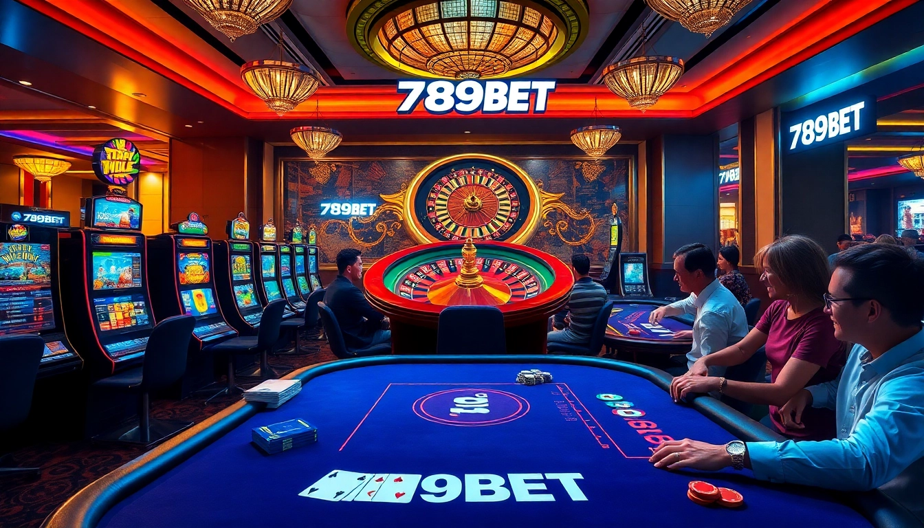 Experience the excitement of 789BET with players engaging at the casino tables, showcasing winning moments and vibrant game elements.