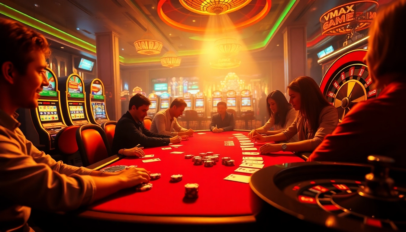 Experience the thrill of the VMAX Game at a lively casino poker table, surrounded by engaging slot machines and roulette wheels.