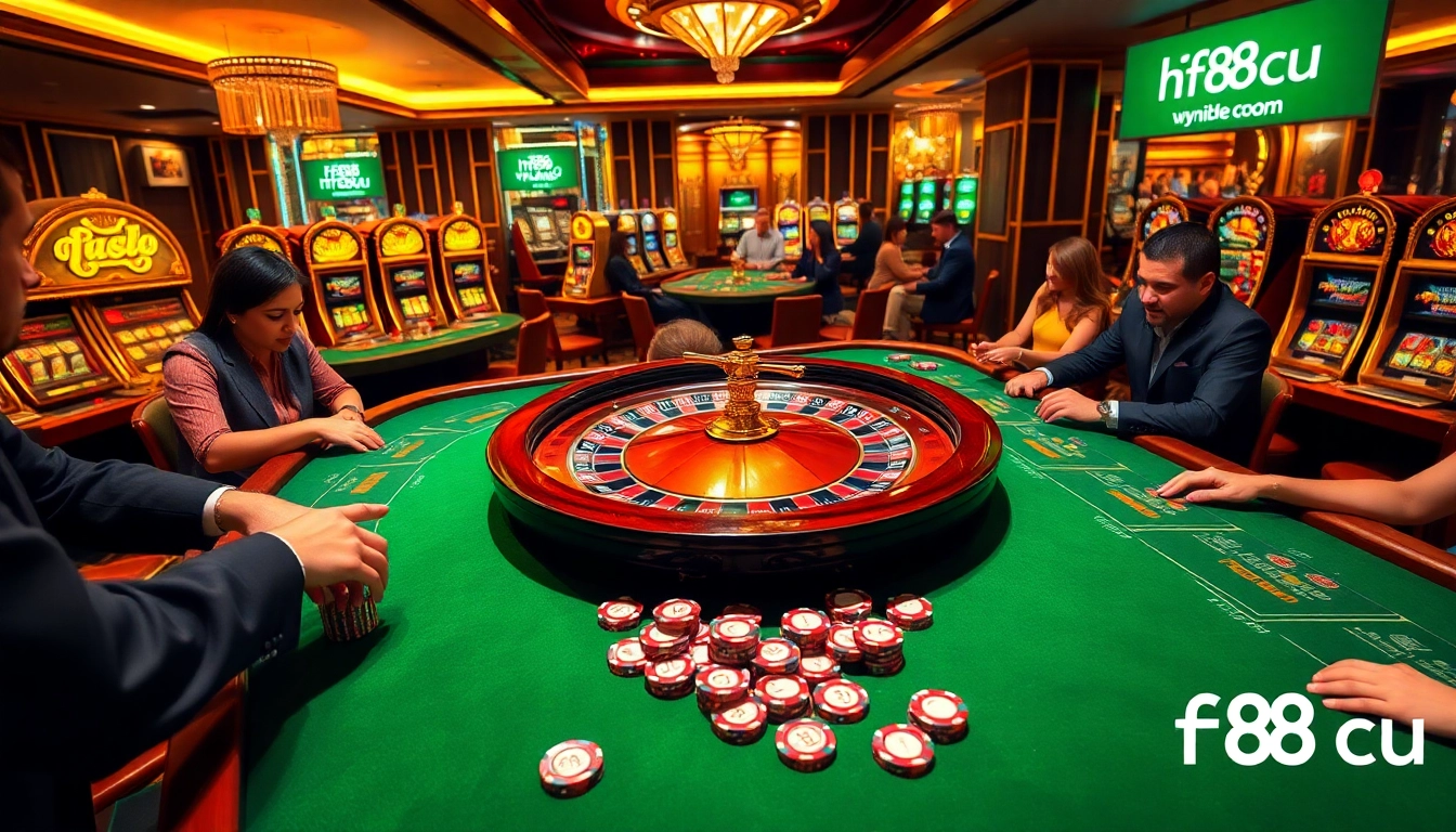 Players enjoying a thrilling roulette game at hf88 icu, vibrant atmosphere with poker chips and slot machines.