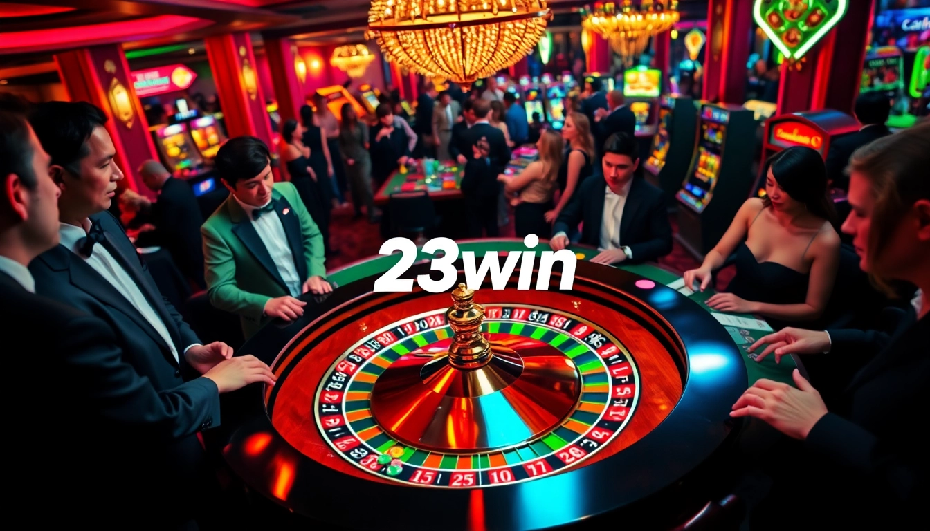 Experience the excitement of 23win as players engage at a roulette table in a luxurious casino setting.