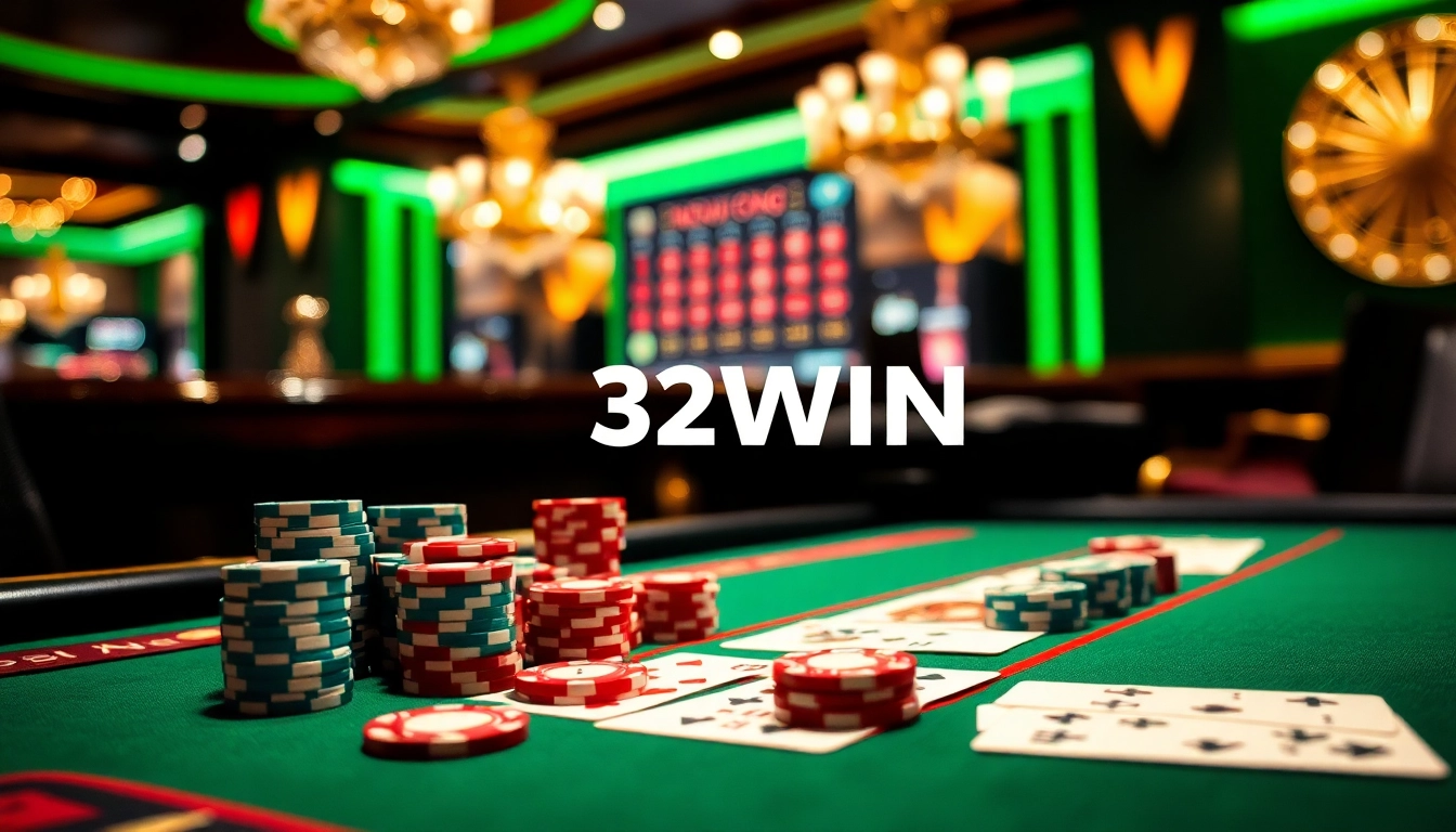 Experience the excitement of 32WIN as players engage in a thrilling poker game surrounded by vibrant casino elements.