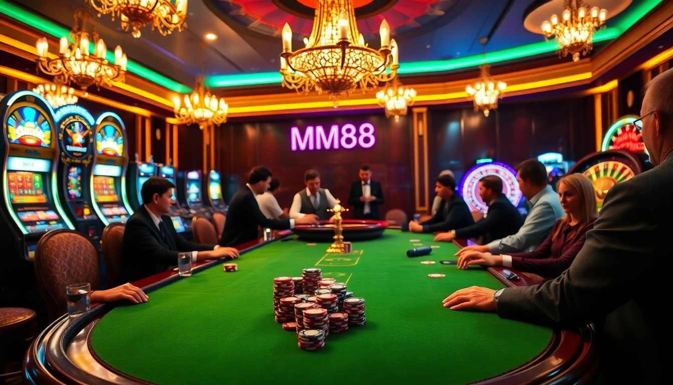 Experience the excitement of MM88 at an upscale casino with players enjoying poker and colorful slot machines.