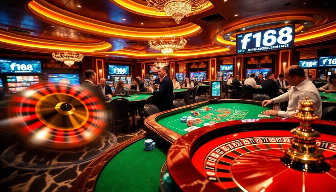Players engage in high-stakes poker at a vibrant f168 casino table, with colorful chips and cards in action.