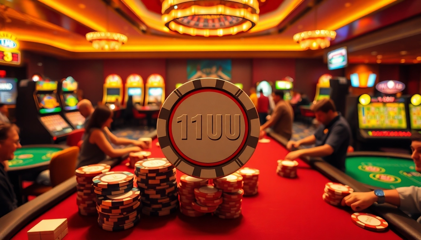 Experience exciting gameplay at the 11UU poker table, surrounded by vibrant casino action and dazzling slot machines.