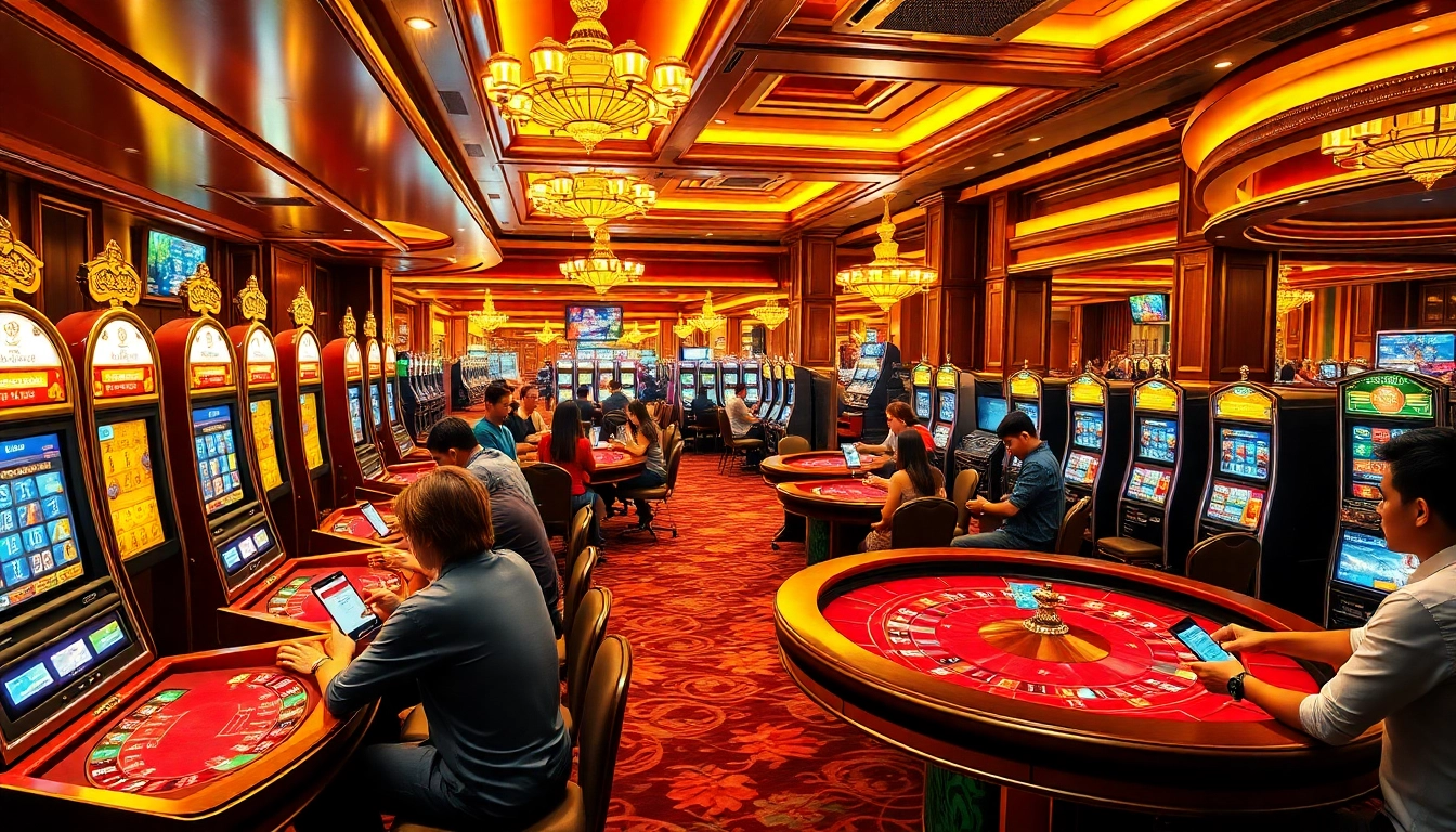 MM88 casino scene showcasing dynamic players at roulette and slot machines, embodying thrilling gambling action.