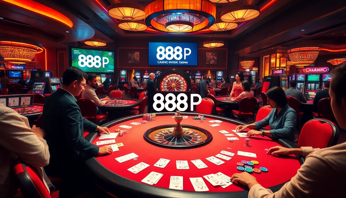 Players intensely engage at a poker table while showcasing 888P casino chips and cards, highlighting thrilling moments in gambling.