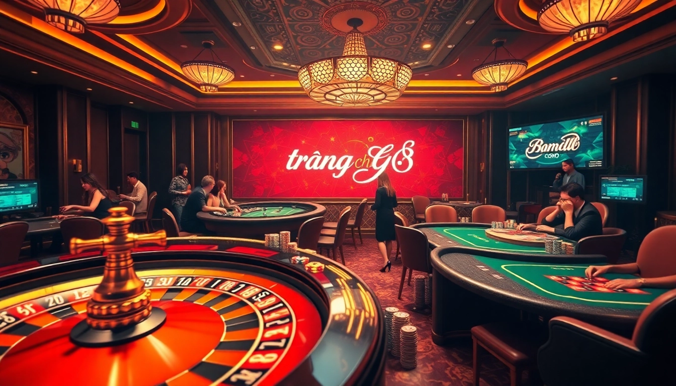 Players engaged in intense gambling at trang chủ go8 casino tables, highlighting excitement with stacks of chips and roulette.