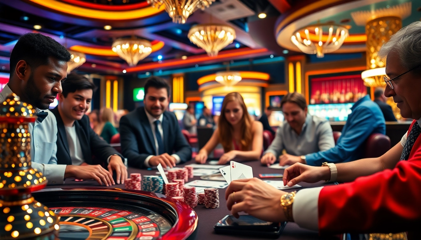 Players engaging in an intense poker game at KJC's lively casino atmosphere.