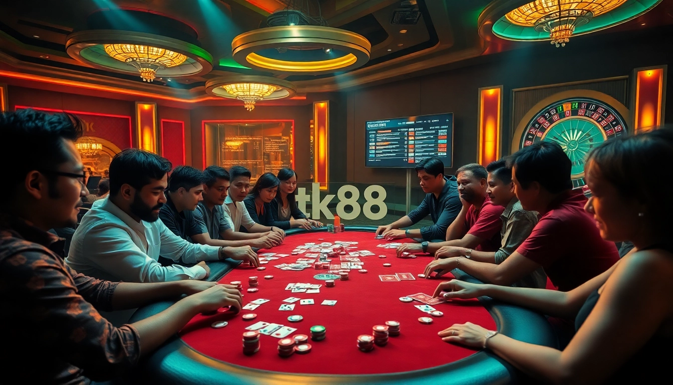 Players engaging in high-stakes poker at a vibrant casino featuring the tk88 betting platform.