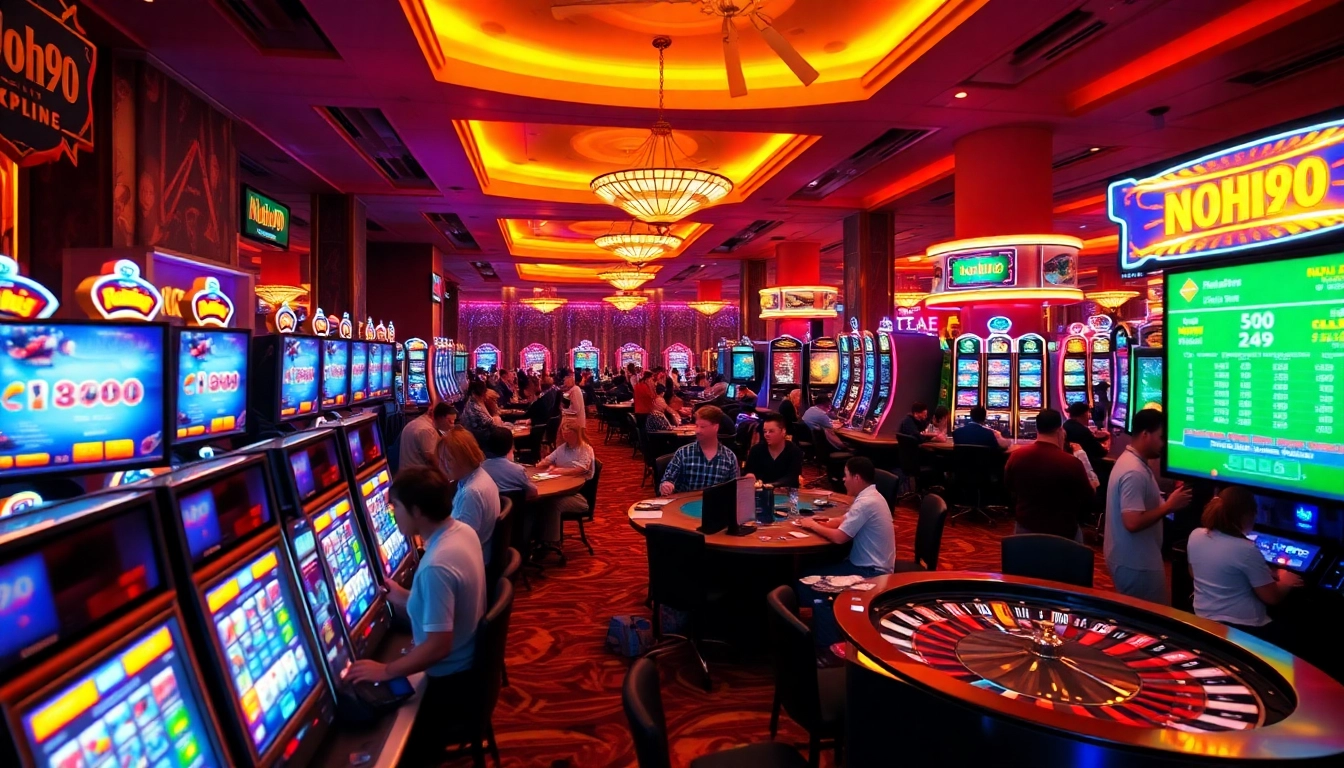 Nohu90 gaming area with lively players enjoying poker, roulette, and vibrant slot machines.
