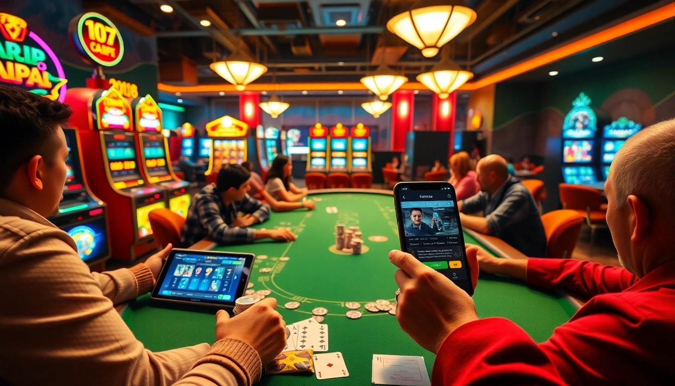 i1dompet gaming excitement portrayed in a vibrant casino environment featuring poker tables and slot machines.