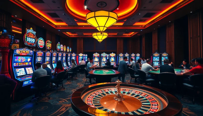 Thrilling scene of players at tables and slots in a casino at https://vic88.black/, experiencing the excitement of games.