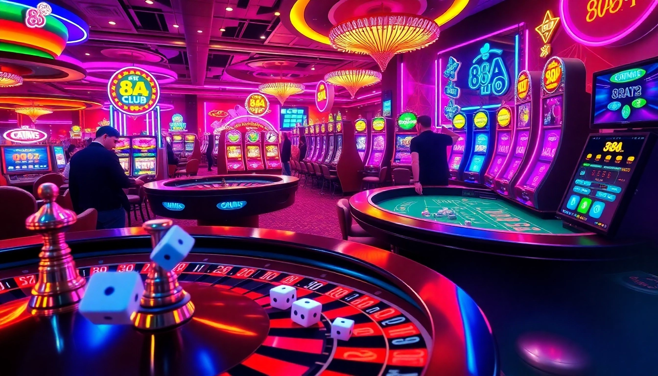 Experience the thrill of the 88aa club in a lively casino scene with roulette, dice, and flashing slot machines.