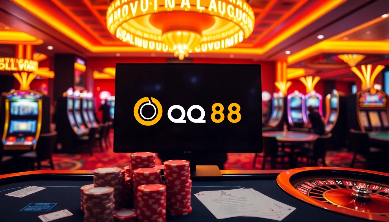 An exciting online casino scene with nhà cái qq88 branding, featuring vibrant slot machines and poker tables.