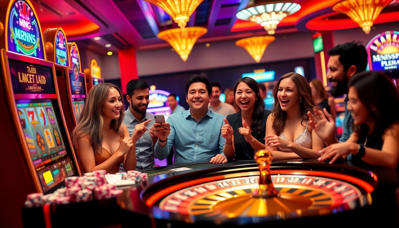 MM88 casino action featuring players at poker tables and vibrant slot machines.