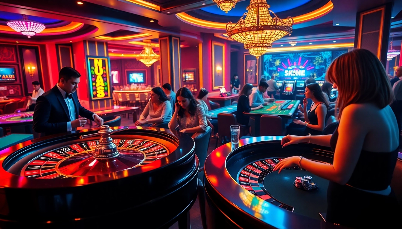 Enjoy thrilling games at http://88aa.shop/ with poker tables and vibrant roulette wheels in a lively casino setting.