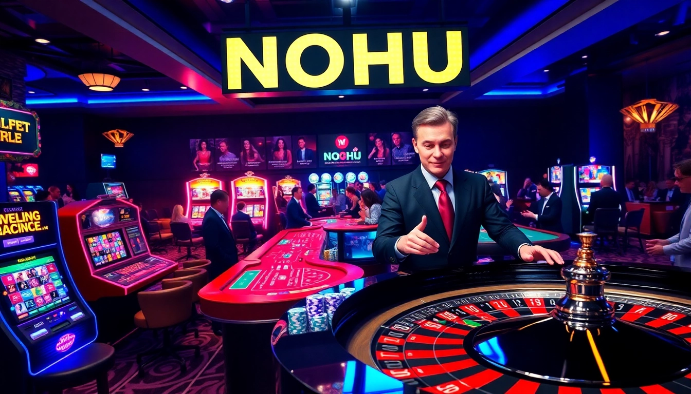Experience the excitement of NOHU casino with players at blackjack and roulette tables surrounded by colorful slot machines.