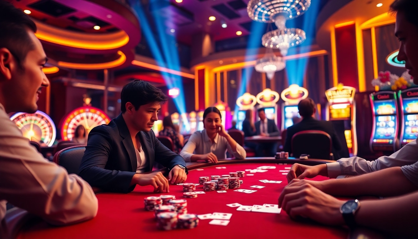 Experience the excitement of high-stakes poker at https://enew88.com/ with vibrant chips and glowing roulette wheel.