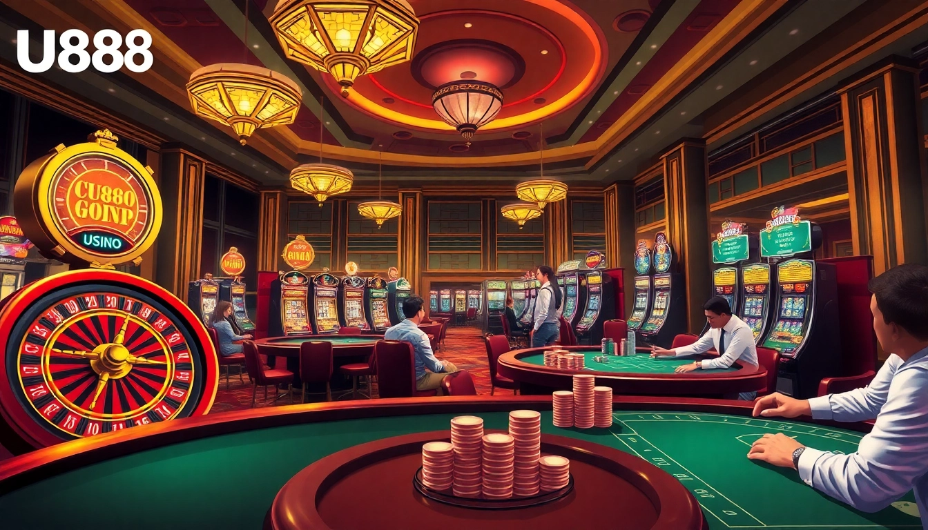 Players enjoying thrilling poker games at U888, a premier online casino, surrounded by dazzling slot machines.