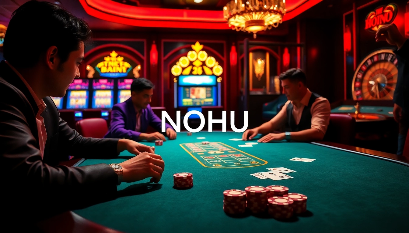 NOHU poker game in a luxurious casino, featuring vibrant chips and ecstatic players.