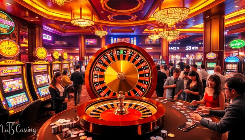 Experience the thrilling atmosphere of 58Win casino with vibrant slot machines and a bustling roulette table.