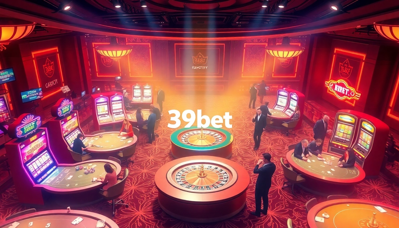 Experience the thrilling action at 39bet’s lavish casino with poker tables and vibrant slot machines.