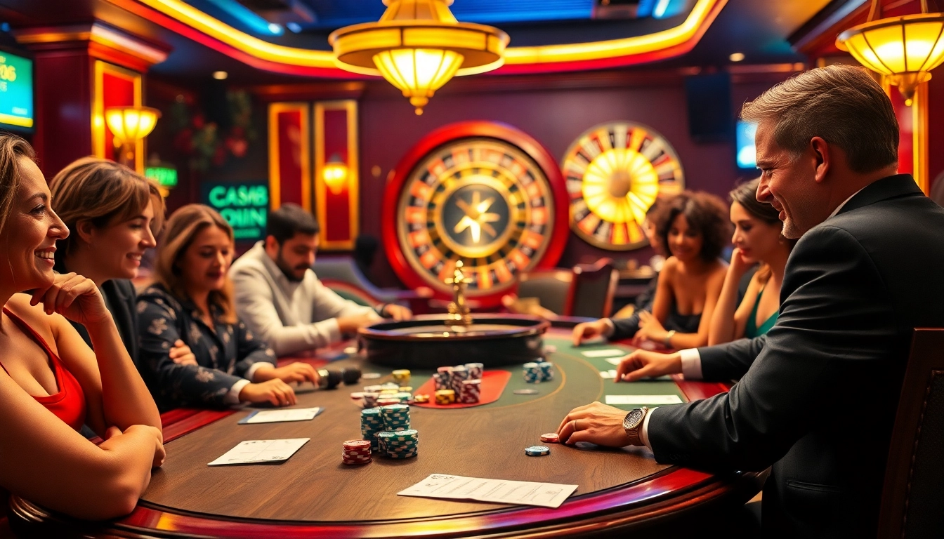 Players strategize at card tables in a vibrant casino scene, featuring the exciting offerings of mb66th net.
