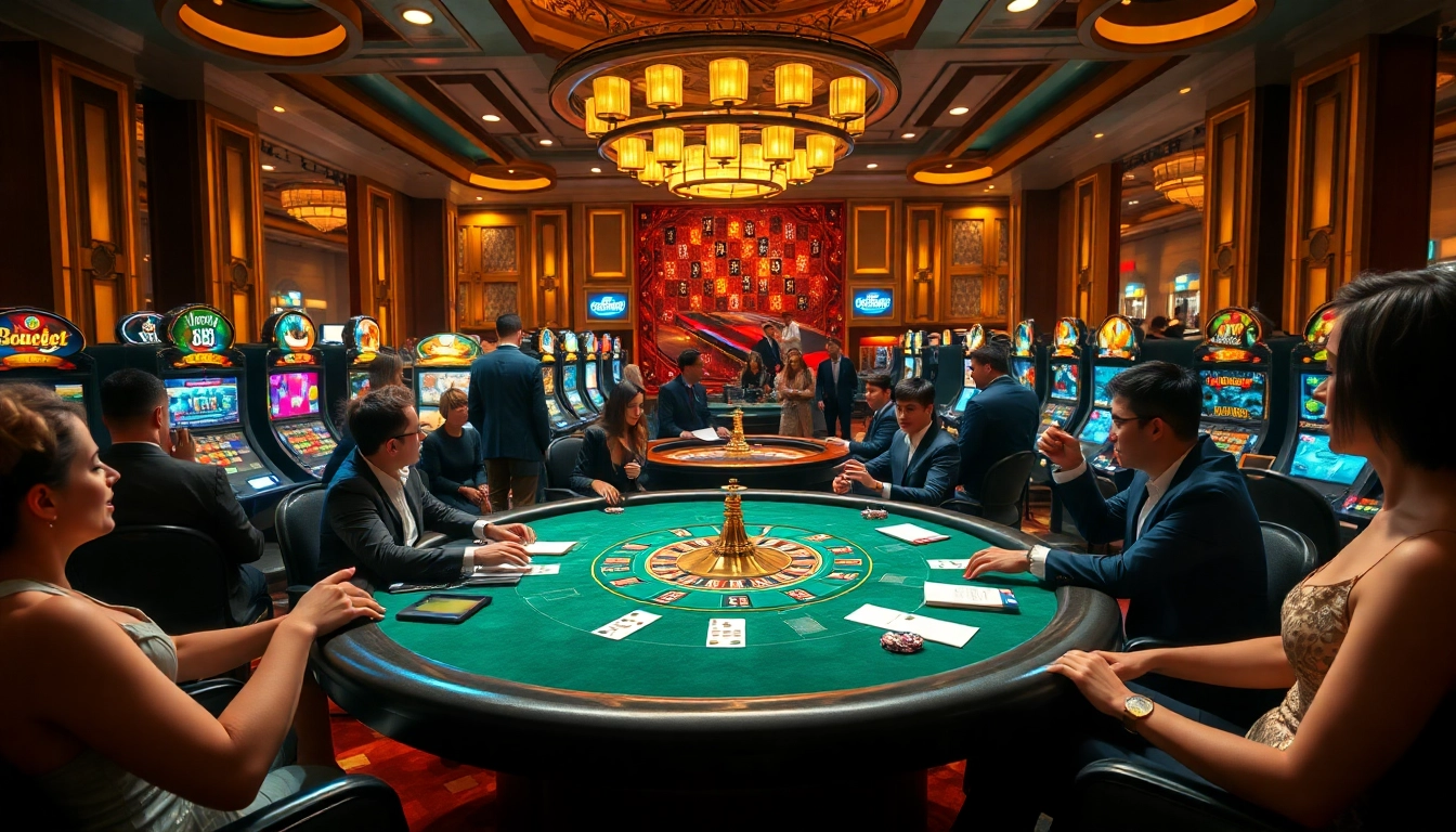 Experience the excitement of "new 88" at a luxurious casino with poker tables, slot machines, and players betting.