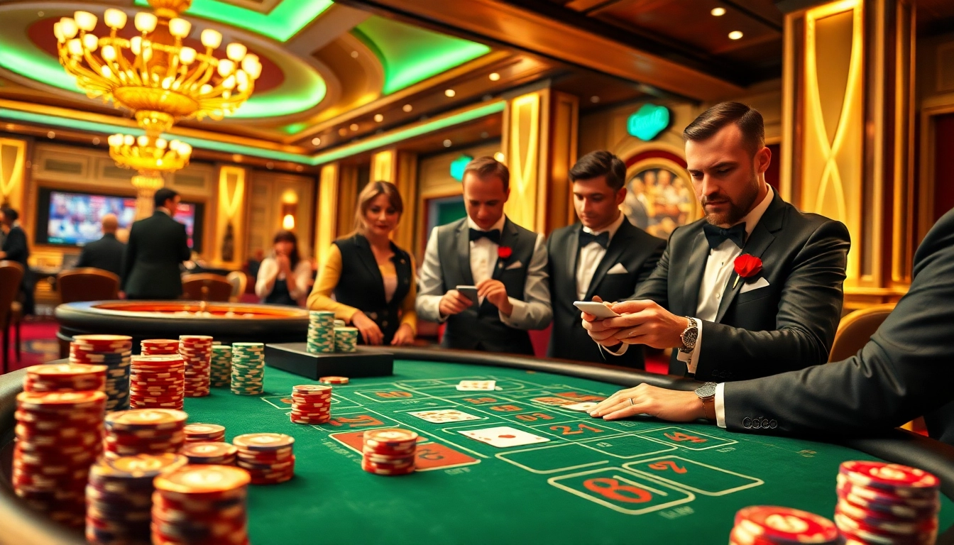 Players at a blackjack table in a luxurious casino, engaging in games with cm88 promotions, surrounded by poker chips and a roulette wheel.