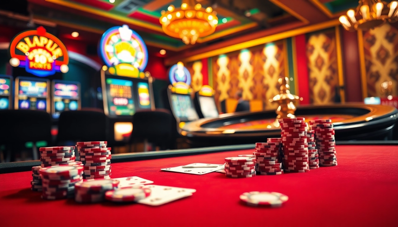 Experience thrilling gameplay at https://mm88.vegas/ featuring a lively poker table and glowing slot machines.