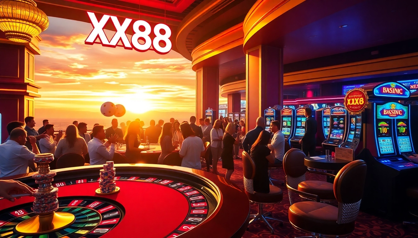 Experience the excitement of the XX88 casino with players at a roulette table and vibrant slot machines.