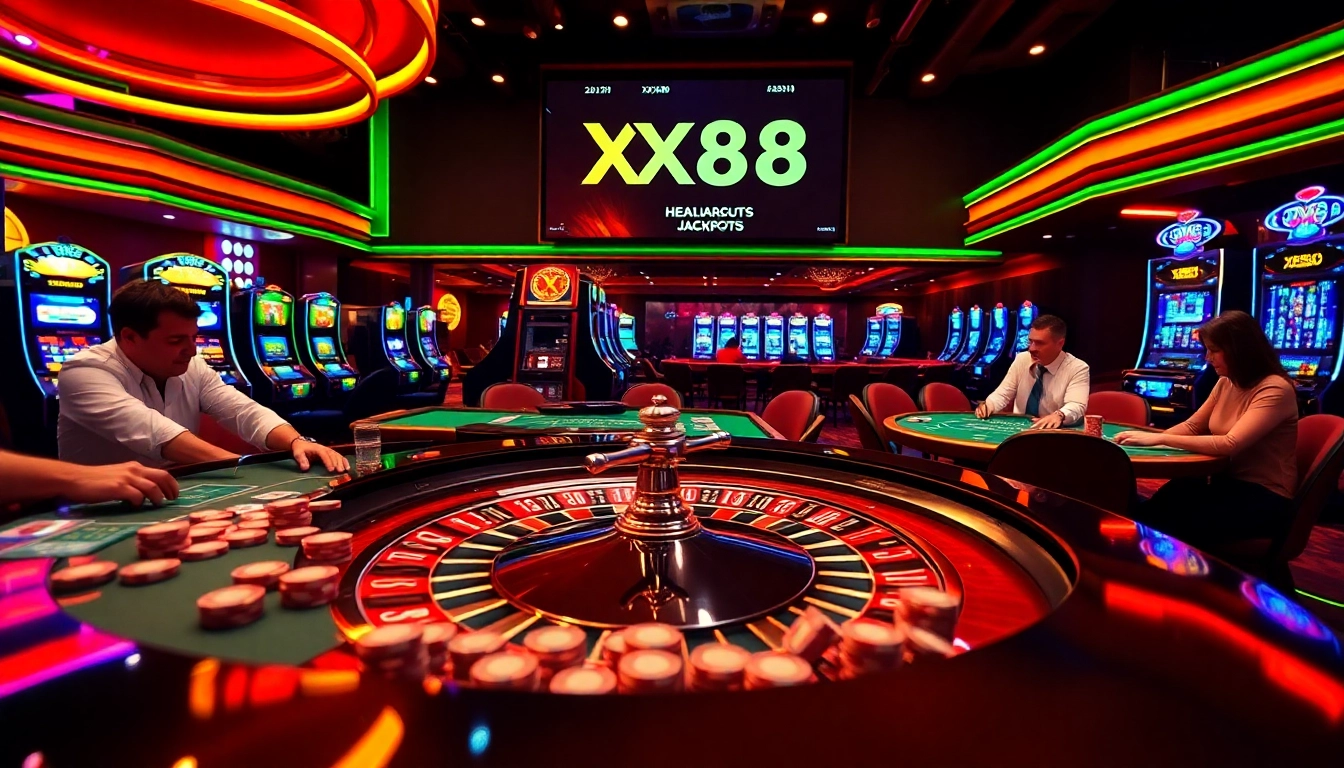 Experience the thrill of gambling at XX88, illustrated with vibrant casino tables and players engrossed in the action.