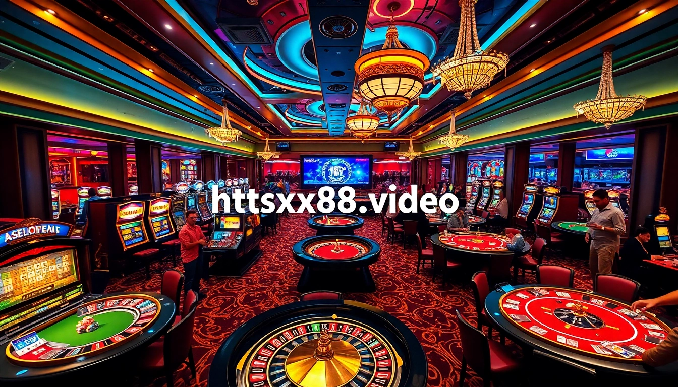 Experience the thrill of winning at https://xx88.video/ with players enjoying poker and roulette in a lavish casino.