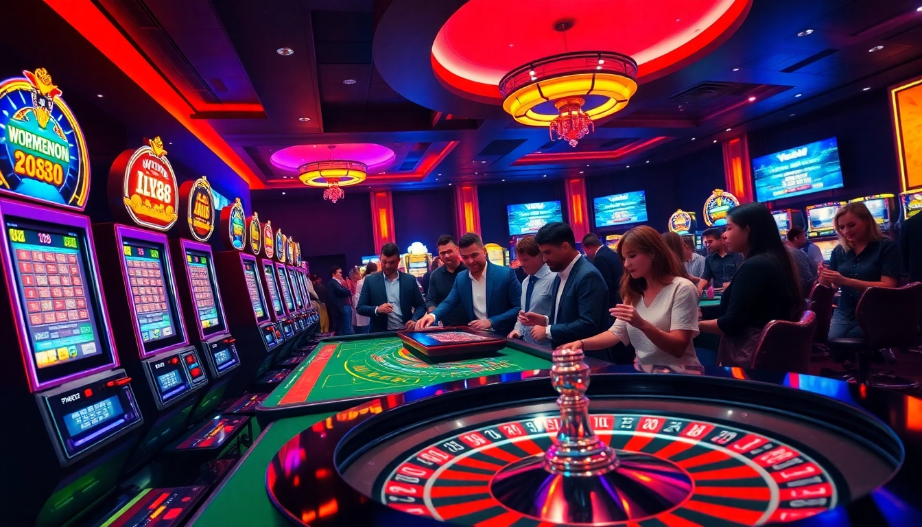 Experience the thrill of lv88 with players at roulette and slots in a vibrant casino setting.