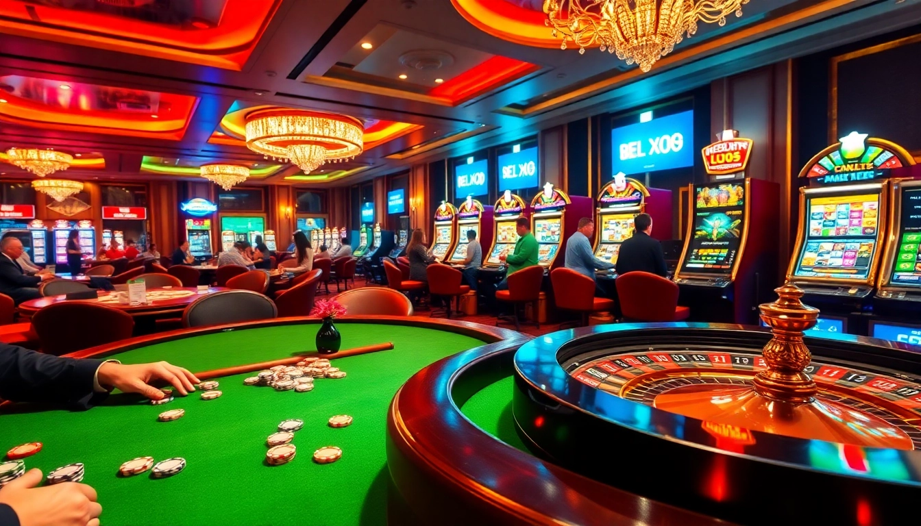 Vankhanhtv highlights a vibrant casino scene featuring players at a poker table, vibrant roulette, and slot machines.