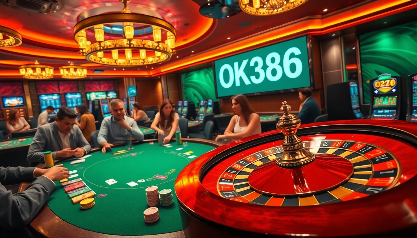 OK8386 brings excitement to the casino with players at a poker table, vibrant chips, and a spinning roulette wheel.