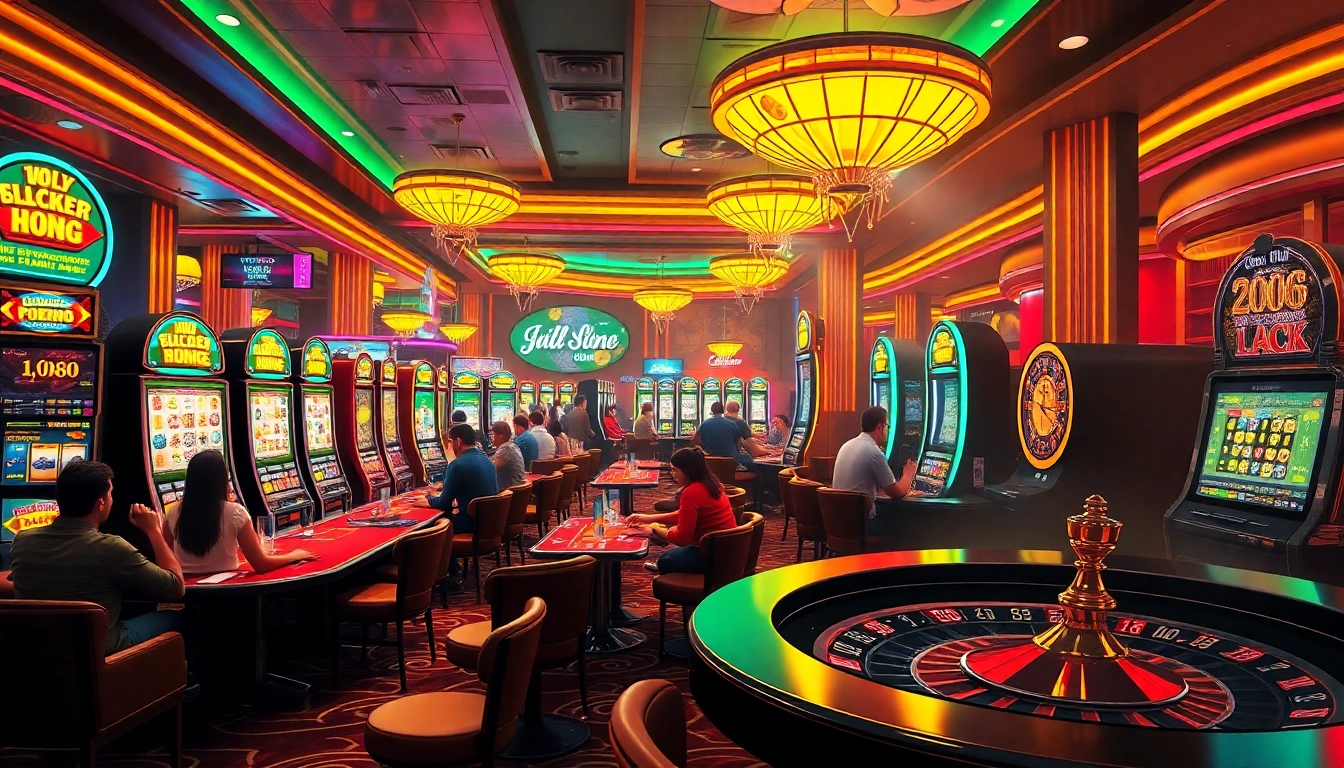 UU88 players enjoying a thrilling moment at casino tables with vibrant slot machines in the background.