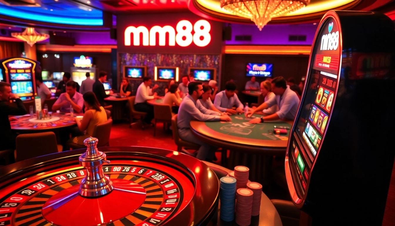 MM88 casino scene with vibrant atmosphere featuring poker tables, roulette wheels, and excited players.