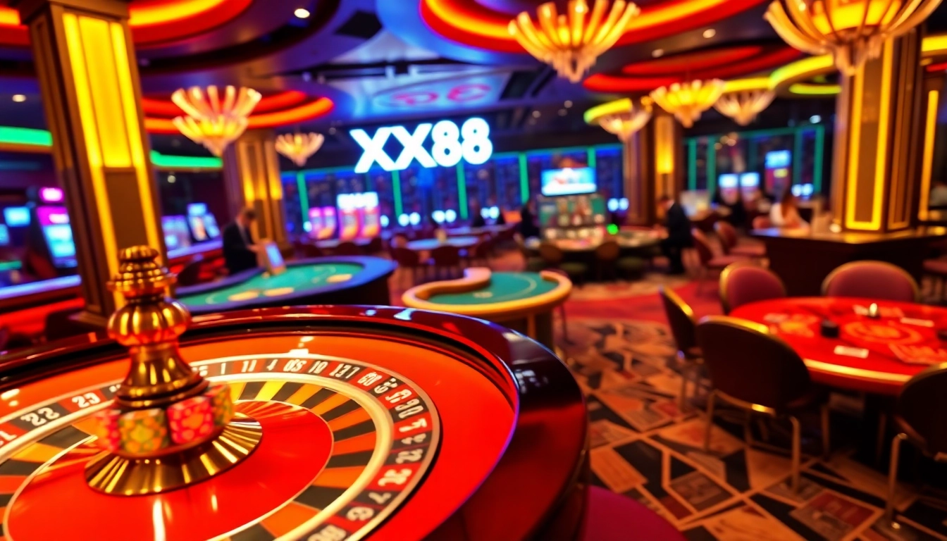 Experience the thrill of betting at XX88 casino, showcasing a roulette wheel and vibrant players engaged in the excitement of gaming.
