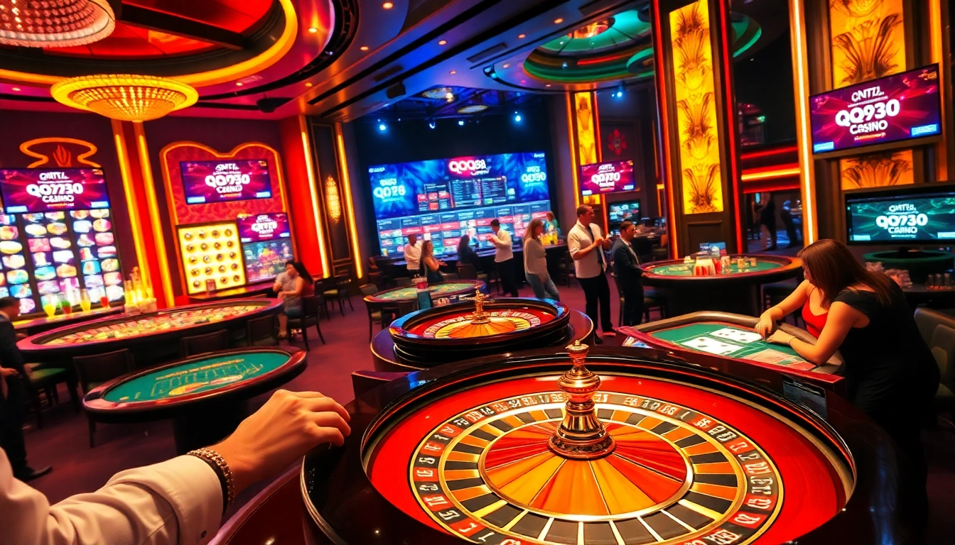 Experience the thrilling atmosphere of QQ88 casino with players at roulette and vibrant betting tables.